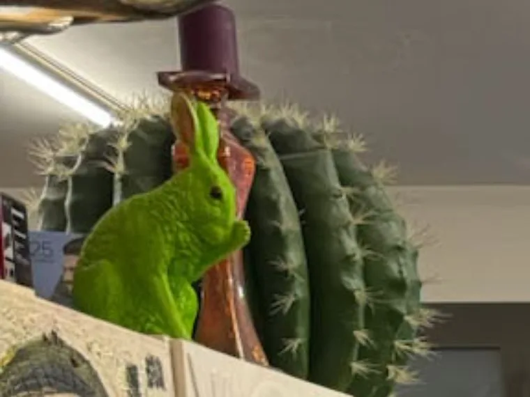 Grüne Hasenfigur mit Zylinder vor einem Kaktus